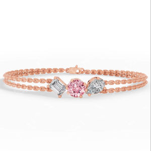 Pulsera de doble hilera con diamantes cultivados en laboratorio de corte pera y esmeralda, redondos, de color rosa claro, en conjunto con un trío celestial de diamantes, en oro de 18 quilates, joyería fina. - Product Image 1