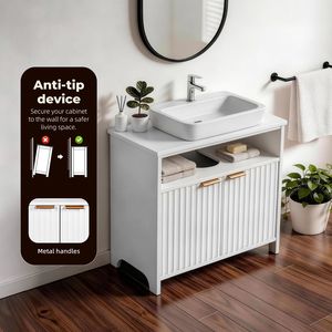 Mobile Bagno a Due Ante con Un Ripiano 60x30x60cm, con Griglia, in Melaminico Termoformato, Materiale Truciolare Bianco - Product Image 5