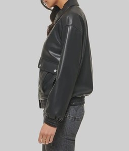 Chaqueta Bomber Extra Grande de Cuero Sintético para Mujer, Chaqueta Casual con Cierre y Bolsillos con Solapa para Otoño e Invierno - Product Image 4