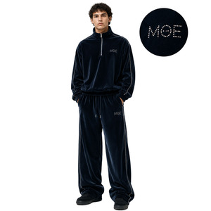 Men's Velvet Quarter Zip Oversize Hoodies Pants <b>Rhinestone</b> Piping Stand Collar Heavyweight Custom Solid Velour <b>Jacket</b> sweatpants - Product Image 1