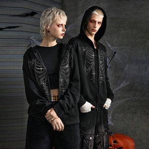 Gothic Bomber <b>Jacket</b> with Sequin Skeleton Print Long Zipper Closure Unisex Winter Streetwear Style Fleece Anti-Pilling - Product Image 5