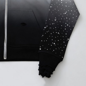 Sweat à capuche zippé en molleton de coton épais, style streetwear, avec strass personnalisés, manches côtelées brutes et vieillies, effet dégradé teint par immersion - Product Image 6