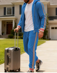 <b>Men</b> Blue Hooded Tracksuit Set Full Zip <b>Jacket</b> and Pants Solid Color Side Pockets Casual Athletic Wear Autumn Style - Product Image 4