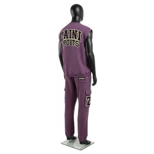 Ensemble sans manches pour homme en molleton de coton et polyester 320 GSM, couleur prune, pantalon cargo, impression sérigraphique, logo brodé, ensemble 2 pièces pour homme - Product Image 5