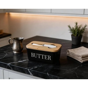 Ceramic Butter Dish <b>Container</b> With Wooden Lid And Knife Elegant Butter <b>Storage</b> Box Perfect For <b>Kitchen</b> And Dining Table Use - Product Image 2