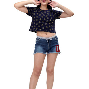 INDEX APPAREL Women's Navy Blue Crop <b>Top</b> Crew Neck Short Sleeve Cartoon Print Casual T-Shirt Spring Summer Wear - Product Image 6