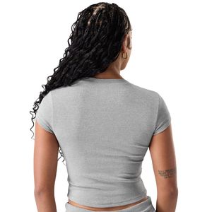 T-shirt court sans couture gris clair pour femme, idéal pour la gym, le fitness, le yoga, l'entraînement, extensible, à manches courtes, vêtement de sport athlétique Q - Product Image 2