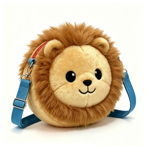Sac en peluche bleu personnalisable avec sangle réglable, Sac à bandoulière en peluche lion beige doux, Sac bandoulière en peluche lion, Sac bandoulière en peluche avec tête de lion - Product Image 1