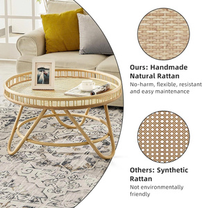 <b>Round</b> Rattan Coffee <b>Table</b>, 32'' Wicker Boho Hand-Woven Top, Modern Unique Farmhouse <b>Tray</b> Top Center <b>Table</b> for Living Room - Product Image 5