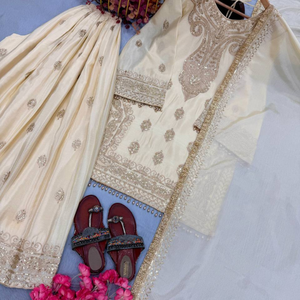 Ensemble Salwar Kameez en soie beige, brodé de sequins, style indien pakistanais, pour mariage et fête, vente en gros, vêtements ethniques pour femmes - Product Image 2