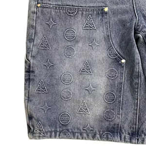 Shorts en jean vintage pour hommes, coupe droite, style streetwear d'été, personnalisés, baggy, effet usé, en denim de coton délavé foncé - Product Image 4