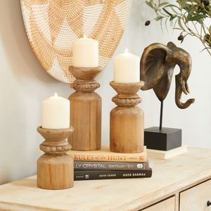 Support à bougies en bois superposé, pièce décorative rustique faite à la main, élégant centre de table pour salle à manger, accent d'ambiance chaleureux pour la maison - Product Image 1