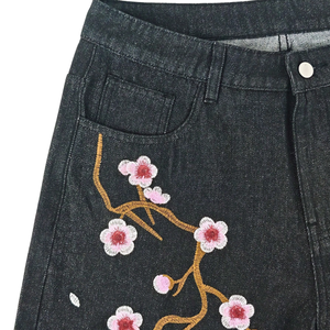 Womens Black Baggy <b>Embroidered</b> Denim <b>Jeans</b> Mid Wide Leg Loose Fit Casual Breathable Quick Dry Cotton Pants Everyday Wear Street - Product Image 5