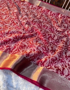 KV Traditional Embroidered Banarasi Silk Organza <b>Saree</b> (<b>Red</b>) for Party - Product Image 5