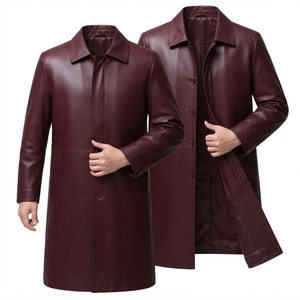 Manteau long en cuir véritable pour homme avec col en fourrure, trench-coat à simple boutonnage, vêtement d'extérieur épais et chaud - Product Image 5