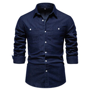 2024 nouveau automne hommes Denim chemise coton élastique décontracté conception sociale Double poches Slim jean chemises pour hommes-bleu clair, EUR - Product Image 3