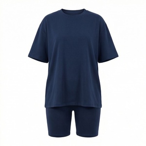 Conjunto de 2 Piezas Tejido para Mujer, Color Azul Marino Sólido, Camiseta de Cuello Redondo y Manga Corta, y Pantalones Cortos por Encima de la Rodilla, Corte Holgado, Estilo Casual - Product Image 1