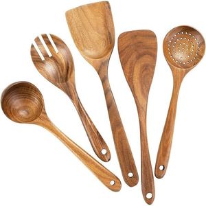 Ensemble d'ustensiles en bois de teck pour ustensiles de cuisine antiadhésifs, ensemble d'outils de cuisine 5 pièces avec spatule pour la cuisson - Product Image 1