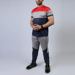 Ensemble de survêtement sportif respirant et écologique pour homme, coupe ajustée, rouge, gris, marine, pour l'entraînement, le jogging, la course à pied, la gym et le fitness - Product Image 1