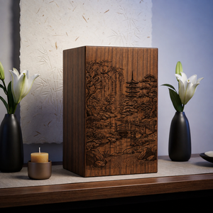 Wooden <b>Memorial</b> Urn Decorative Cremation Keepsake <b>Box</b> Carved Landscape Funeral Supply - Product Image 1