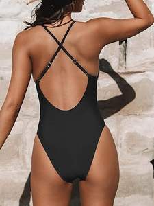 Traje de baño con control de abdomen, diseño de corte alto y cuello en V, traje de baño de playa con estampado liso para mujer - Product Image 4