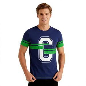Men's <b>Navy</b> Blue Short Sleeve T-Shirt With White Letter C Print And Red Stripes Contrast Trim Casual O-Neck Design - Product Image 5