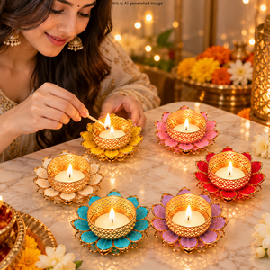 Decorative Lotus Tealight Holder Pack of 6 Mix <b>Colours</b> for Diwali Decoration Home Decor Festive Table Candle Holder <b>Set</b> - Product Image 5
