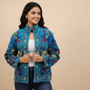 Premium Cotton Kashmiri Embroidered Women Jacket Teal Blue <b>Floral</b> Thread Work Ethnic Casual Wear Coat - Product Image 4