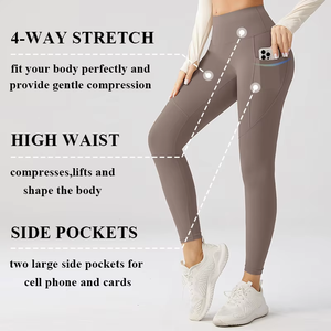 Leggings de yoga taille haute avec poches latérales, longueur intégrale, sans coutures, extensibles dans quatre directions, couleur unie, pantalon de sport pour femmes - Product Image 4