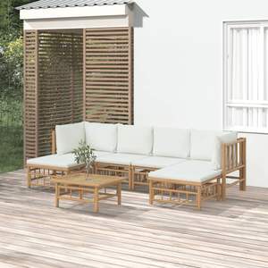 Ensemble de salon de jardin en bambou blanc crème avec housse de coussin 100% polyester, canapés de jardin élégants - Product Image 1