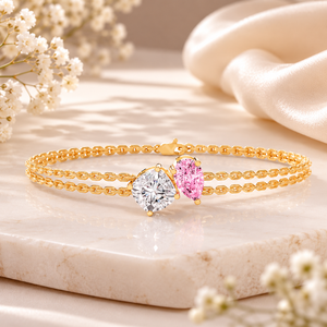 Pulsera Toi Et Moi con Diamante Cultivado en Laboratorio Certificado por IGI |   Cushion & Pink Pear Cut - Joyería Fina de Oro de 14K con Corte de Pera Rosa de Doble Hilera |   Aniversario - Product Image 1