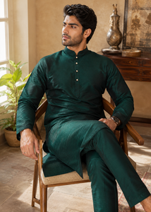 Premium Men's Dark <b>Green</b> <b>Silk</b> Cotton Kurta Pajama Set - Traditional Ethnic Wear for Festivals, Weddings & Parties - Product Image 3