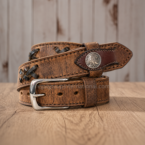 Cinturón de Cuero Granulado Marrón Desgastado Estilo Western Premium para Hombre y Mujer con Cordones de Cuero Trenzado Negro y Conchos Plateados - Product Image 3
