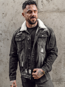 Men's Washed Denim Jacket With Faux <b>Fur</b> Collar Button Closure Regular Fit Casual Style Autumn Wear - Product Image 3