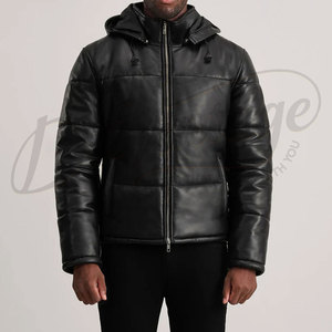 Veste d'hiver matelassée en cuir noir pour homme, avec capuche, en similicuir rembourré, parka chaude pour homme - Product Image 3