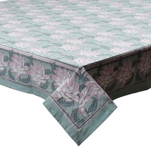 Japan Lotus Green 10 Seater <b>Tablecloth</b> 180x270cm Handcrafted Block Printed 100% Cotton Wedding Dining Home Decor Style - Product Image 1