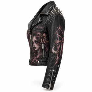Chaqueta de cuero negra con cremallera asimétrica para mujer, estilo gótico rosa con estampado de retrato, cuello con tachuelas, abrigo de motociclista, proveedor de pedidos personalizados - Product Image 4