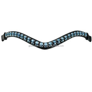 Banda para la frente de caballo de cuero genuino con forma de onda marrón decorada con grandes cristales de marca en color azul denim mega Bling - Product Image 3