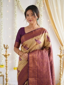 Traditional Indian Banarasi Art Silk <b>Saree</b> Women's Wedding Wear Gold <b>Purple</b> Peacock Print Floor Length Regular Fit All Seasons - Product Image 3