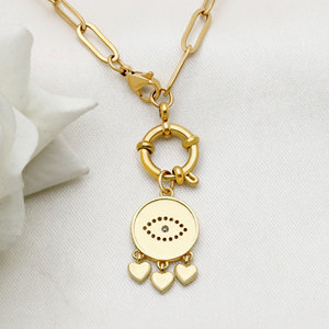 Collar de Plata 925 Bañado en Oro con Cadena de Eslabones Tipo Paperclip, Ojo Turco, Medallón Esmaltado, Colgante de Corazón y Cierre Marinero - Venta al por Mayor - Product Image 3