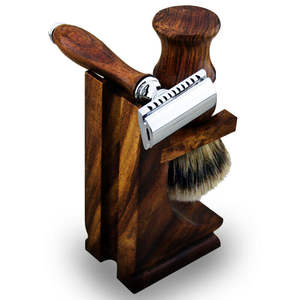 Soporte de acero inoxidable de doble hoja de madera para maquinilla de afeitar con juego de maquinilla de afeitar de seguridad y brocha de afeitar para hombres, herramientas de aseo para barberos - Product Image 2
