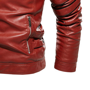 Blouson de moto en cuir PU rouge pour homme, coupe ajustée, col montant, fermeture éclair, style motard, pour l'automne - Product Image 5