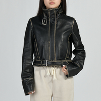 Blouson aviateur en cuir véritable pour femme, col montant, manches longues, ceinture ajustable à la taille, coupe courte, coupe-vent pour l'hiver