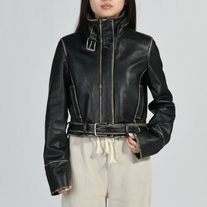 Women's Genuine <b>Leather</b> Bomber Jacket Stand Collar Full Sleeve Adjustable Waist Belt Closure <b>Short</b> Length Winter Windproof - Product Image 5