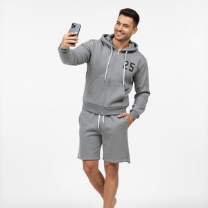 Conjunto de chándal con capucha y cremallera, estampado personalizado, 100% algodón polar, chaqueta y pantalones cortos de moda, conjunto de dos piezas. - Product Image 2