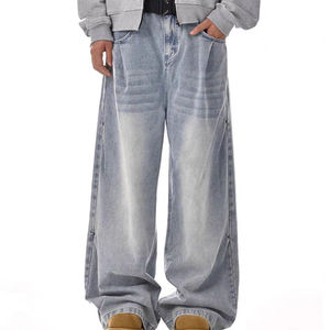 Jeans Baggy de Mezclilla de Alta Calidad 100% Algodón 14 oz para Hombre, Personalizados, Azul Claro, Lavado Ácido, Corte Recto y Holgado, Estilo Hip Hop para Otoño - Product Image 2
