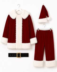 Costume de Noël pour adulte, costume en velours rouge avec chapeau et ceinture en fourrure blanche, tenue de fête de Noël - Product Image 1