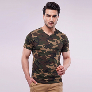 T-shirt à manches courtes col en V camouflage pour homme, jersey décontracté camouflage 100% coton, style été pour homme, t-shirts camouflage pour homme - Product Image 1