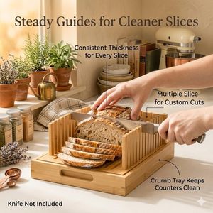 Guide de découpe de pain en bambou naturel avec plateau à miettes, planche à découper pliable en bois avec récipient pour la cuisine, vente en gros - Product Image 3