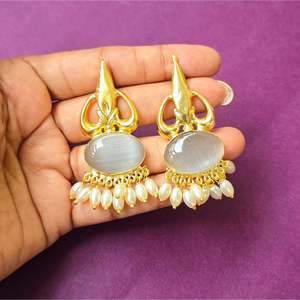Gold Plated Drop Stud Earrings with Grey Zircon and Pearl Stones - Product Image 3